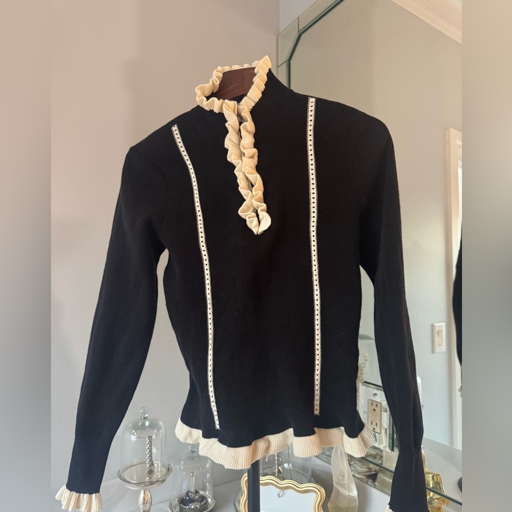 CAbi Adorn Black and Cream Ruffle  Sweater US small